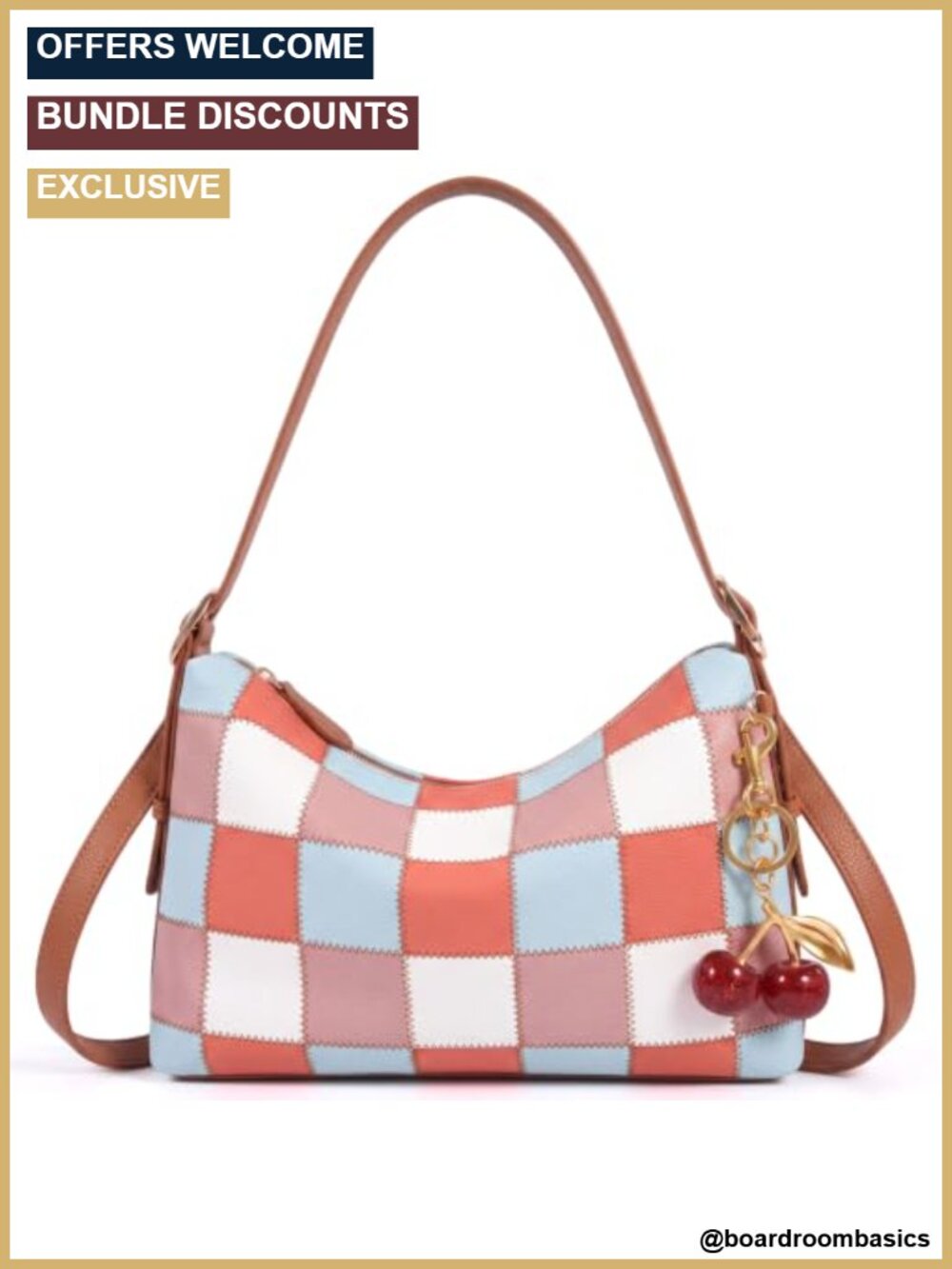 Checkered Shoulder Bag Vegan Leather Hobo Cherry Purse for Women